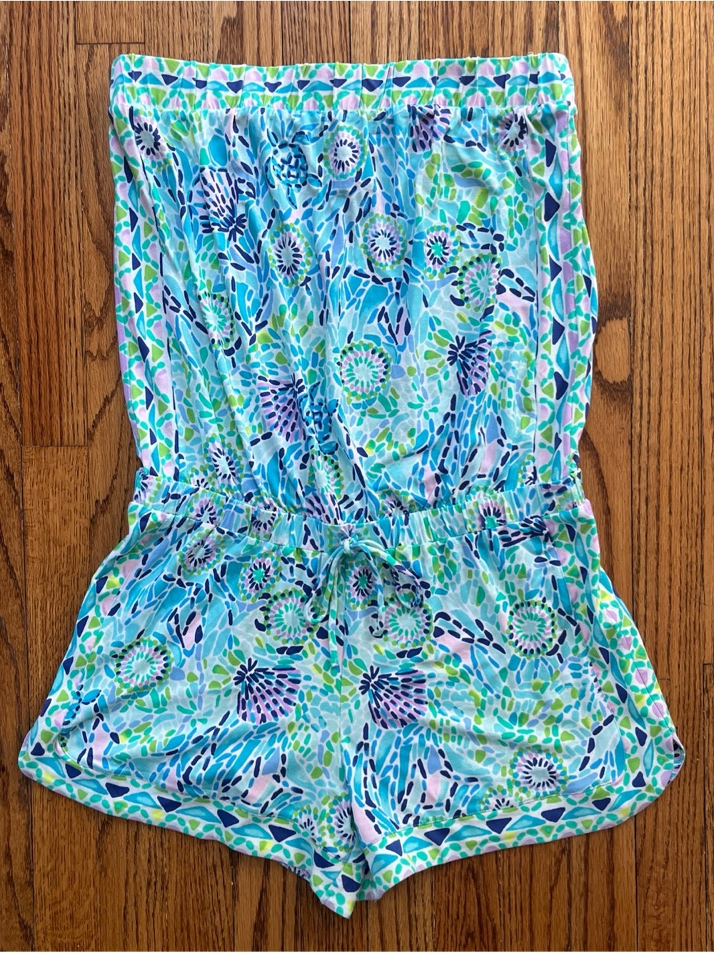 Lilly Pulitzer Rikki Strapless Romper Blue & Green Floral Sz. M Tropical Beach